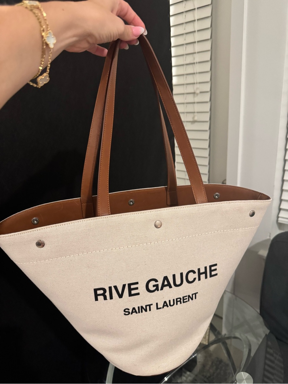 Saint Laurent Rive Gauche Canvas Tote Bag in Cream and Brown, excellent like new